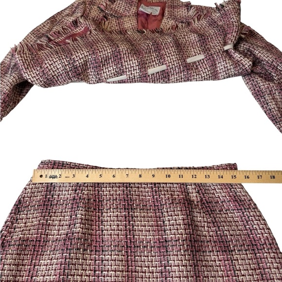Pamela McCoy Tweed Skirt Suit Set Blazer Pencil Skirt Fringe Ribbon Trim Size M - Picture 10 of 15